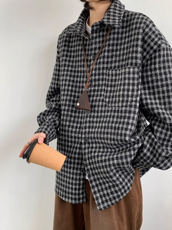 Košieľa-jaketka s káro vzorom, golier lapel, dlhé rukávy, voľný strih, polyesterová tkanina