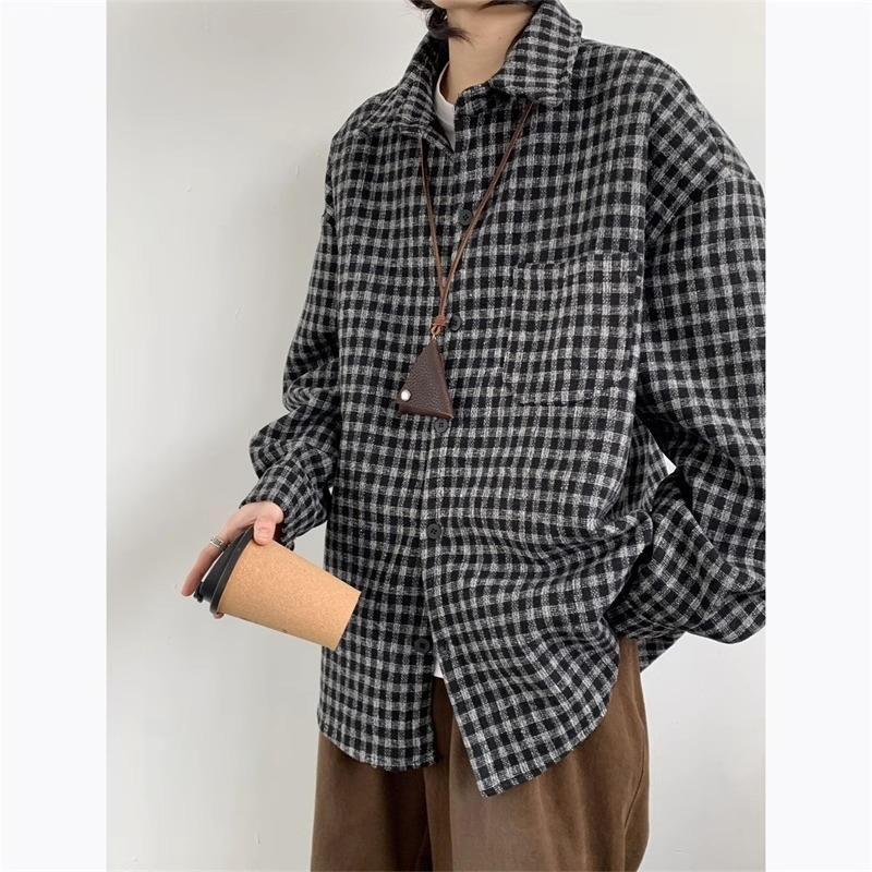 Košieľa-jaketka s káro vzorom, golier lapel, dlhé rukávy, voľný strih, polyesterová tkanina