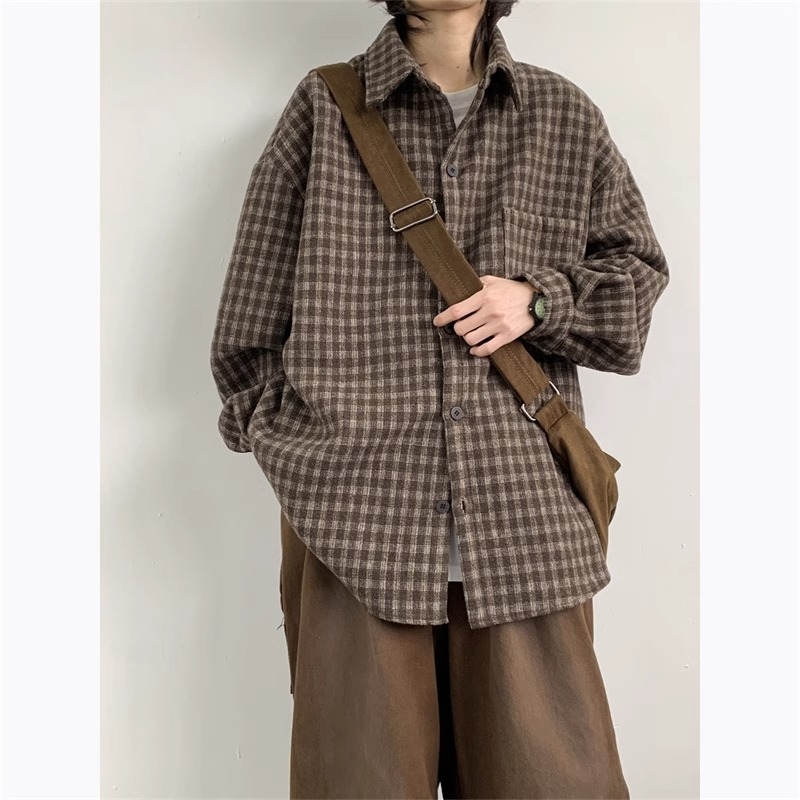 Košieľa-jaketka s káro vzorom, golier lapel, dlhé rukávy, voľný strih, polyesterová tkanina