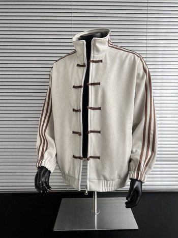 Patchwork triibuline jakk, staandkrae, ühekordne sulgemine, vaba lõige, polüester