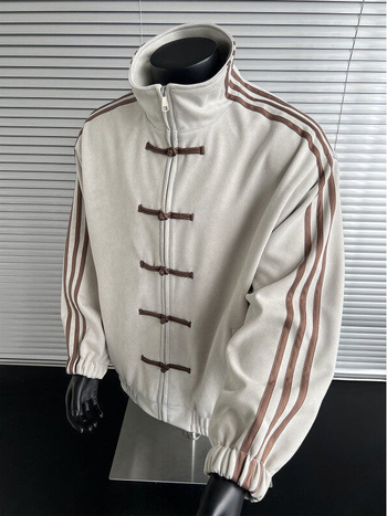 Patchwork triibuline jakk, staandkrae, ühekordne sulgemine, vaba lõige, polüester