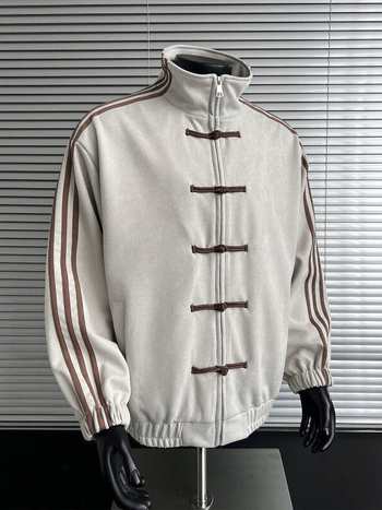 Patchwork triibuline jakk, staandkrae, ühekordne sulgemine, vaba lõige, polüester