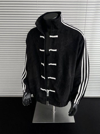 Patchwork triibuline jakk, staandkrae, ühekordne sulgemine, vaba lõige, polüester