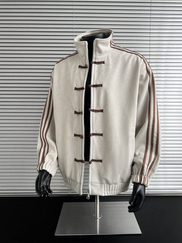 Patchwork triibuline jakk, staandkrae, ühekordne sulgemine, vaba lõige, polüester