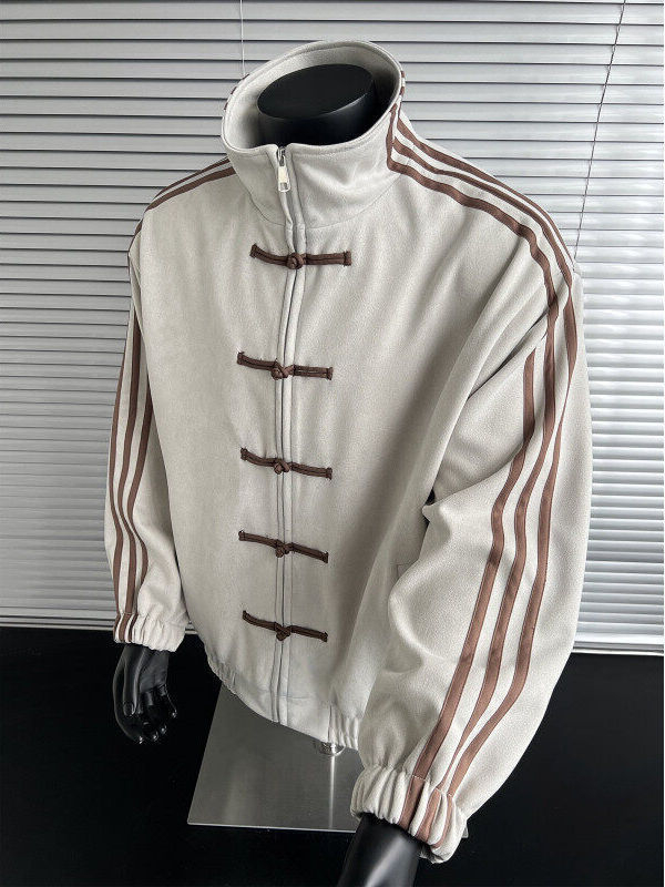 Patchwork triibuline jakk, staandkrae, ühekordne sulgemine, vaba lõige, polüester