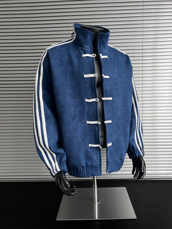 Patchwork triibuline jakk, staandkrae, ühekordne sulgemine, vaba lõige, polüester