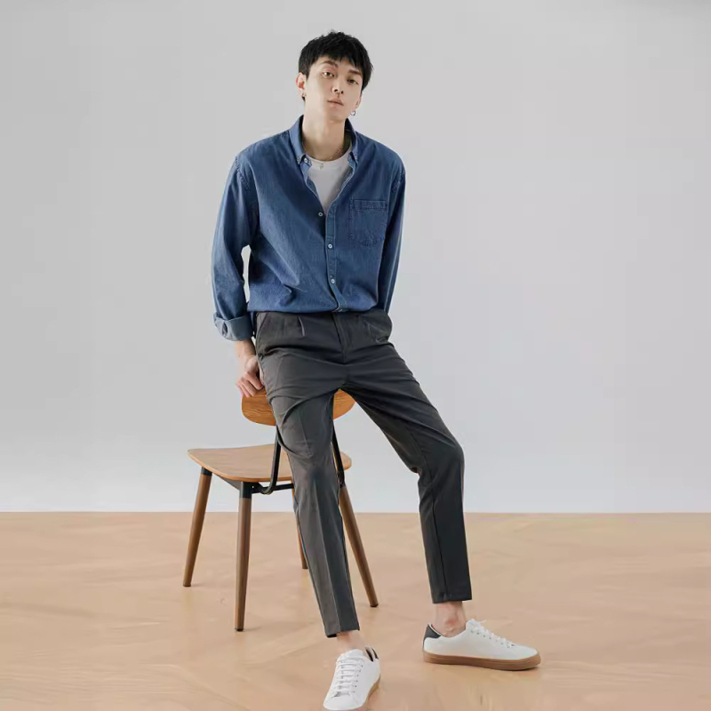 Meeste pikkade varrukatega särk, linnaline kardigan-stiil, 100% puuvill, ruudukujuline krae, sirge lõige, kevad ja sügis