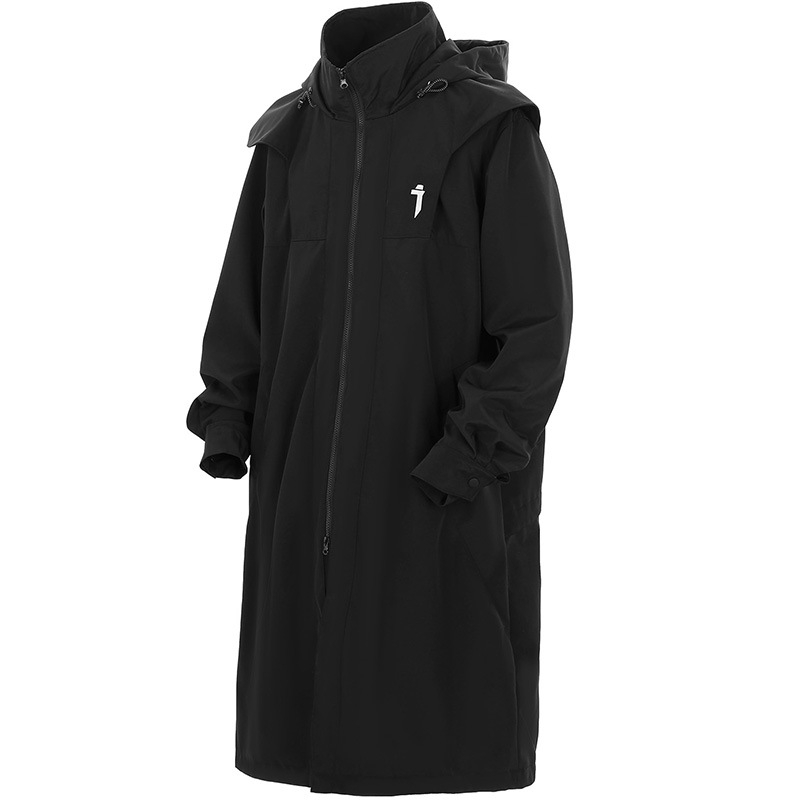 Dlhý pánsky windbreaker s dvojitým zipsom a kapucňou, voľný strih, polyesterový materiál
