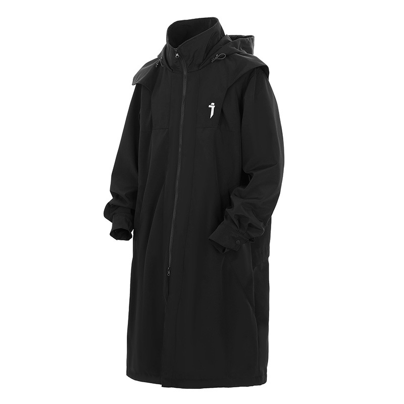 Dlhý pánsky windbreaker s dvojitým zipsom a kapucňou, voľný strih, polyesterový materiál