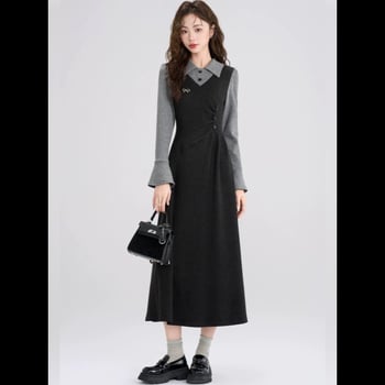 Haljina A-linije s imitacijom dvodjelne konstrukcije, polo ovratnik, dugi rukavi, elastični pojas, srednja duljina, jednobojni uzorak, poliester-spandeks, dnevni japansko-korejski stil, Meng Anchong, jesen 2025