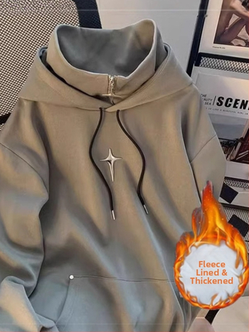 Koreapärase stiiliga kapuutsiga fleece-pusero, ümmarguse kaelusega, raske fleece, 96% polüester, 400 g+