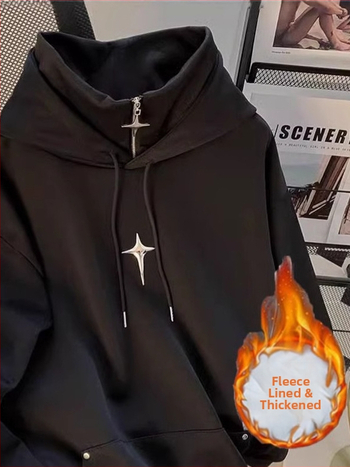 Koreapärase stiiliga kapuutsiga fleece-pusero, ümmarguse kaelusega, raske fleece, 96% polüester, 400 g+