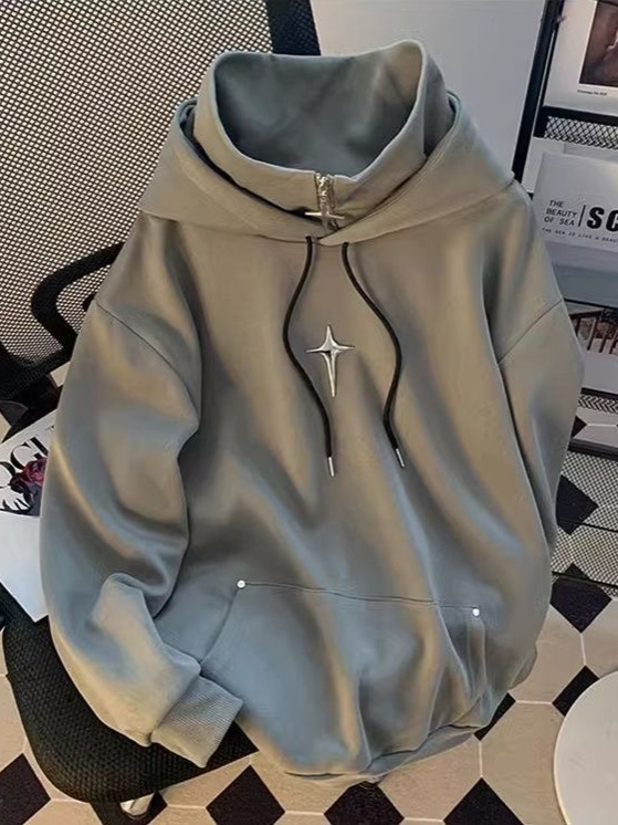 Koreapärase stiiliga kapuutsiga fleece-pusero, ümmarguse kaelusega, raske fleece, 96% polüester, 400 g+