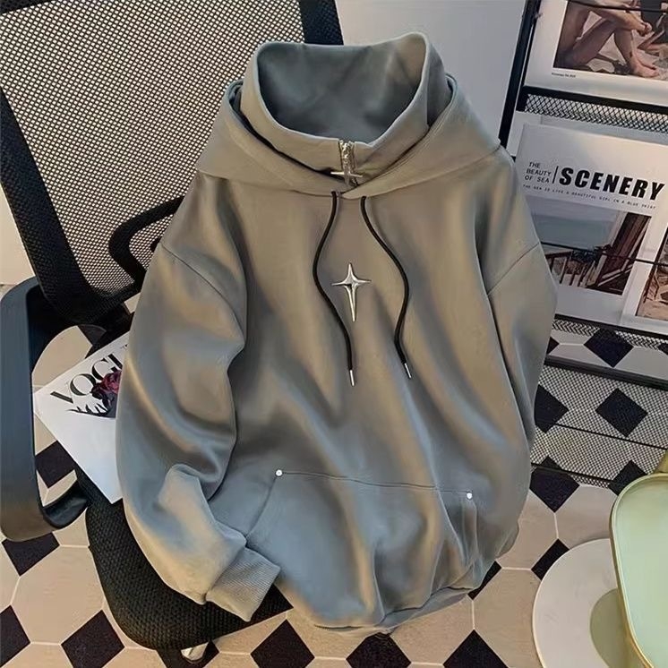 Koreapärase stiiliga kapuutsiga fleece-pusero, ümmarguse kaelusega, raske fleece, 96% polüester, 400 g+