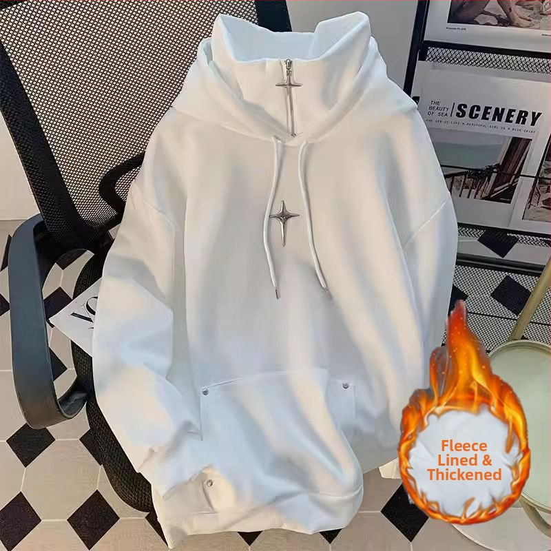 Koreapärase stiiliga kapuutsiga fleece-pusero, ümmarguse kaelusega, raske fleece, 96% polüester, 400 g+