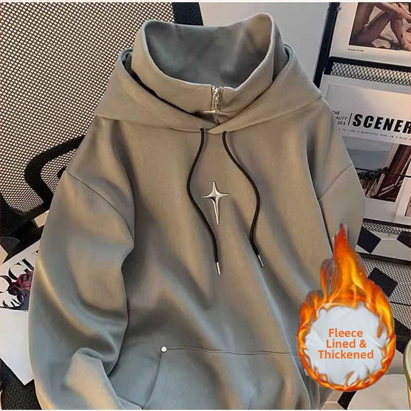 Koreapärase stiiliga kapuutsiga fleece-pusero, ümmarguse kaelusega, raske fleece, 96% polüester, 400 g+