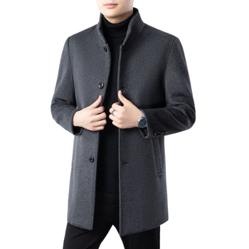 Pánsky vlnený kabát strednej dĺžky, stojatý golier, jednoradové zapínanie, podšívka z polyesteru, podiel vlny 51-70%