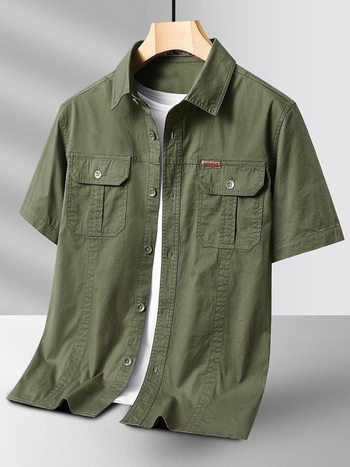 Férfi rövid ujjú ing-dzseki, több zsebbel, poliészter, gyűrődésálló, laza szabás, nyár 2025