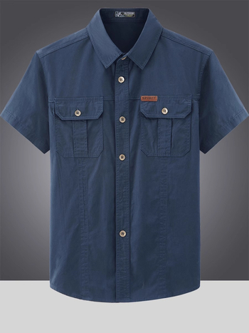 Férfi rövid ujjú ing-dzseki, több zsebbel, poliészter, gyűrődésálló, laza szabás, nyár 2025