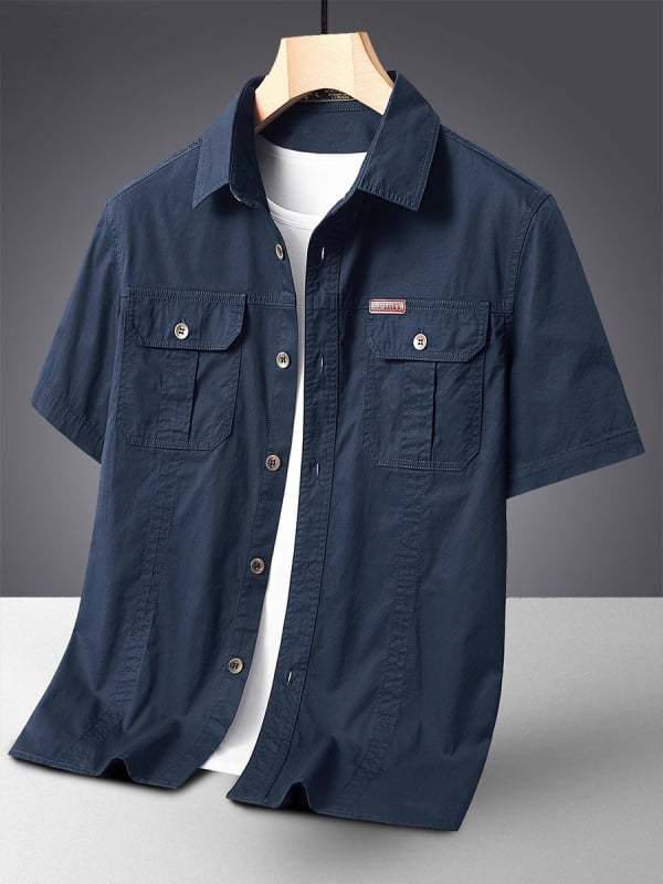 Férfi rövid ujjú ing-dzseki, több zsebbel, poliészter, gyűrődésálló, laza szabás, nyár 2025