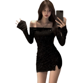 Naistele mõeldud ühe õla kleit, slim-fit lõige, pikkade varrukatega, asümmeetriline seelik, kõrge vöökoht, ühtlane värv, polüester-spandeksi segu