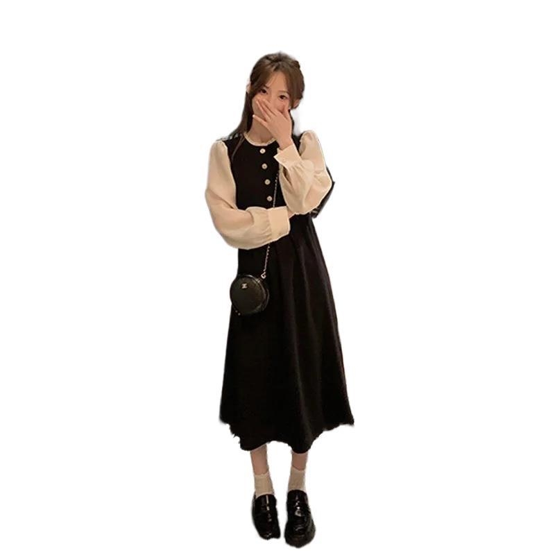 Haljina od poliestera s dugim rukavima, okrugli izrez, visokim strukom, A-linijski kroj, midi duljina, jednobojna, retro stil.