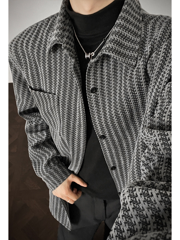 Meeste särgi-jakk raske kangaga kalasaba mustriga, vaba lõige, Turn-down krae, pikad varrukad, polüesteri kangas, sügis-talv 2025