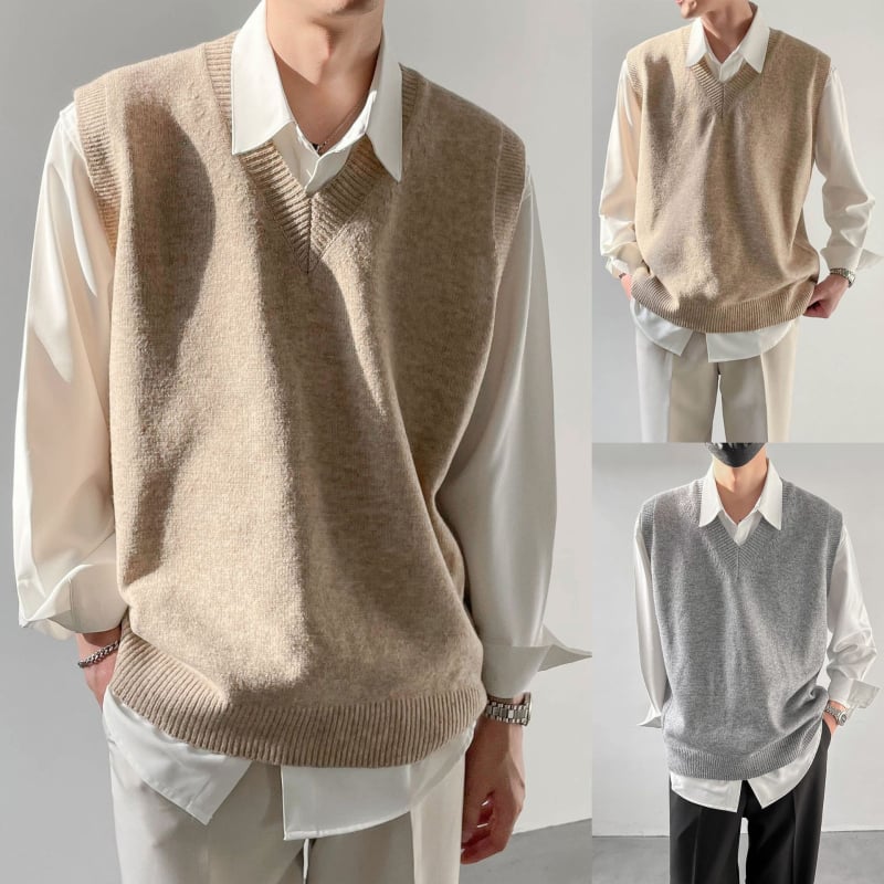 Bez rukávov pletená vesta s V-krkom - voľný strih, polyestrová zmes, jednofarebný vzor, jemný kórejský štýl