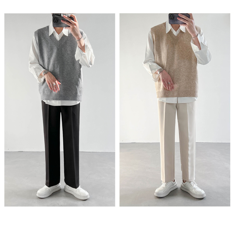 Bez rukávov pletená vesta s V-krkom - voľný strih, polyestrová zmes, jednofarebný vzor, jemný kórejský štýl