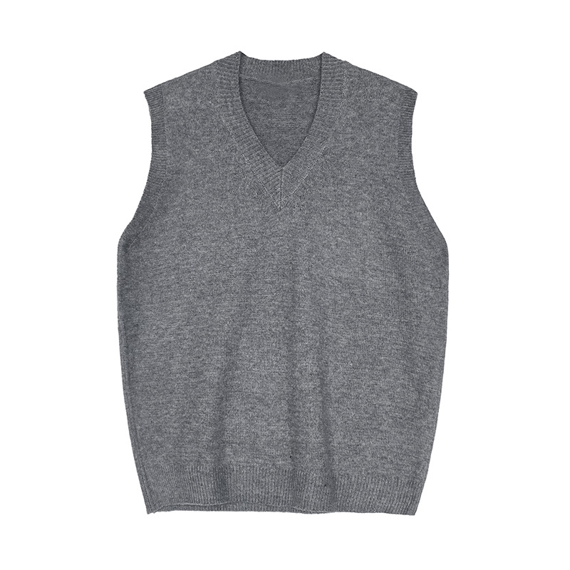 Bez rukávov pletená vesta s V-krkom - voľný strih, polyestrová zmes, jednofarebný vzor, jemný kórejský štýl
