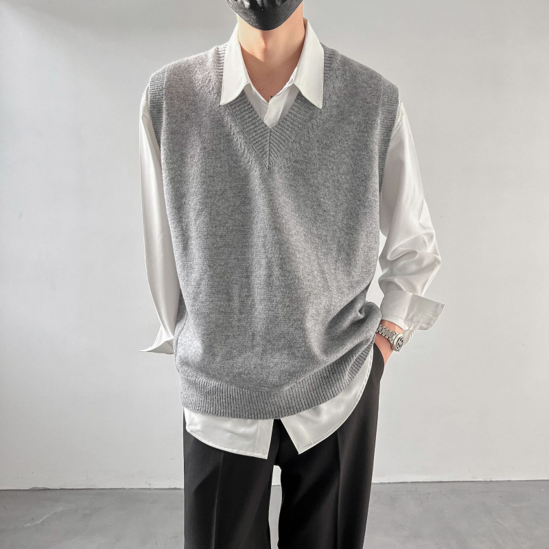 Bez rukávov pletená vesta s V-krkom - voľný strih, polyestrová zmes, jednofarebný vzor, jemný kórejský štýl