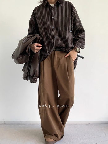 Meeste triibuline pikkade varrukatega särk jaapani retro stiilis, vaba lõige, polüester, krae, kardigaani inspiratsioon