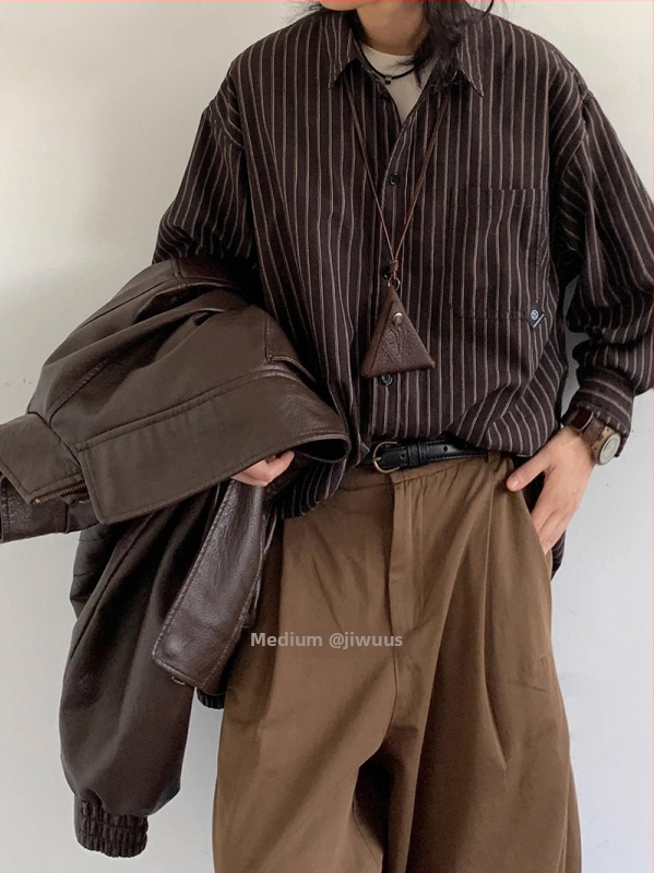 Meeste triibuline pikkade varrukatega särk jaapani retro stiilis, vaba lõige, polüester, krae, kardigaani inspiratsioon