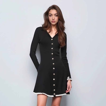 A-liiniline kootud kleit polo-kaelusega, pikkade varrukatega, polüesterkangas