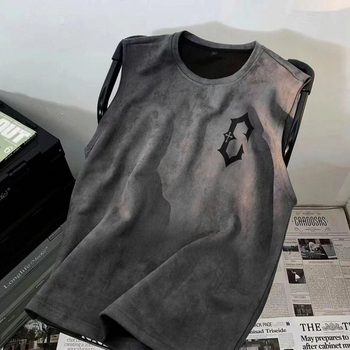 Laiema lõikega bezvarrukas T-särk reklaamlogoga, vinüloonkiud, puuvilla-lina segu, suvi 2025, nooruslik disain