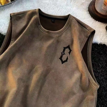 Laiema lõikega bezvarrukas T-särk reklaamlogoga, vinüloonkiud, puuvilla-lina segu, suvi 2025, nooruslik disain