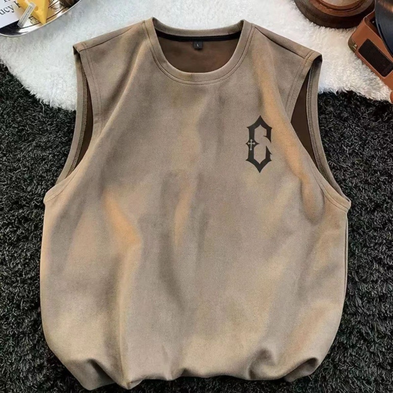 Laiema lõikega bezvarrukas T-särk reklaamlogoga, vinüloonkiud, puuvilla-lina segu, suvi 2025, nooruslik disain