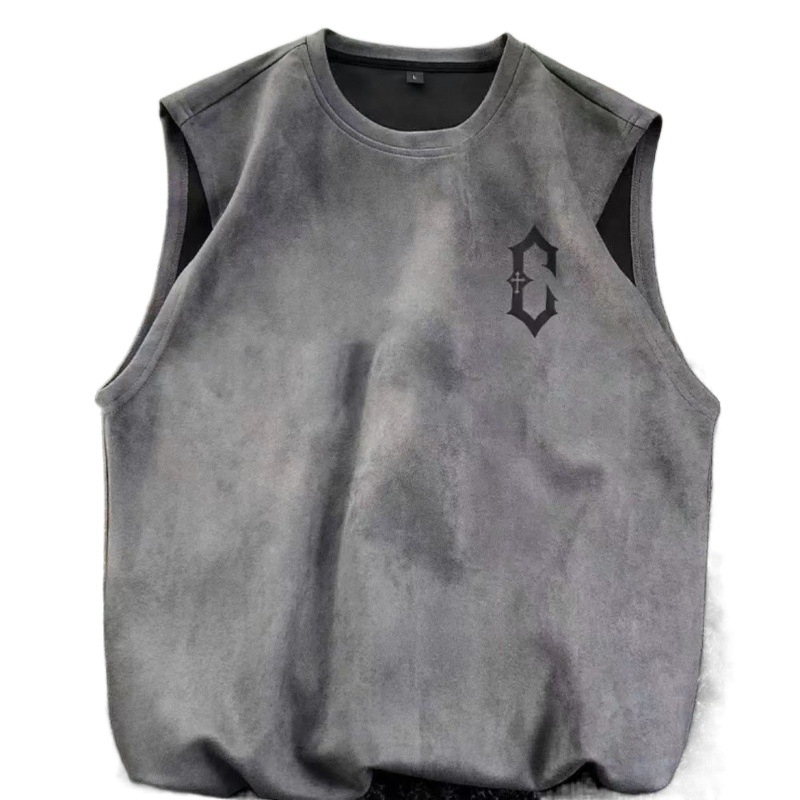 Laiema lõikega bezvarrukas T-särk reklaamlogoga, vinüloonkiud, puuvilla-lina segu, suvi 2025, nooruslik disain