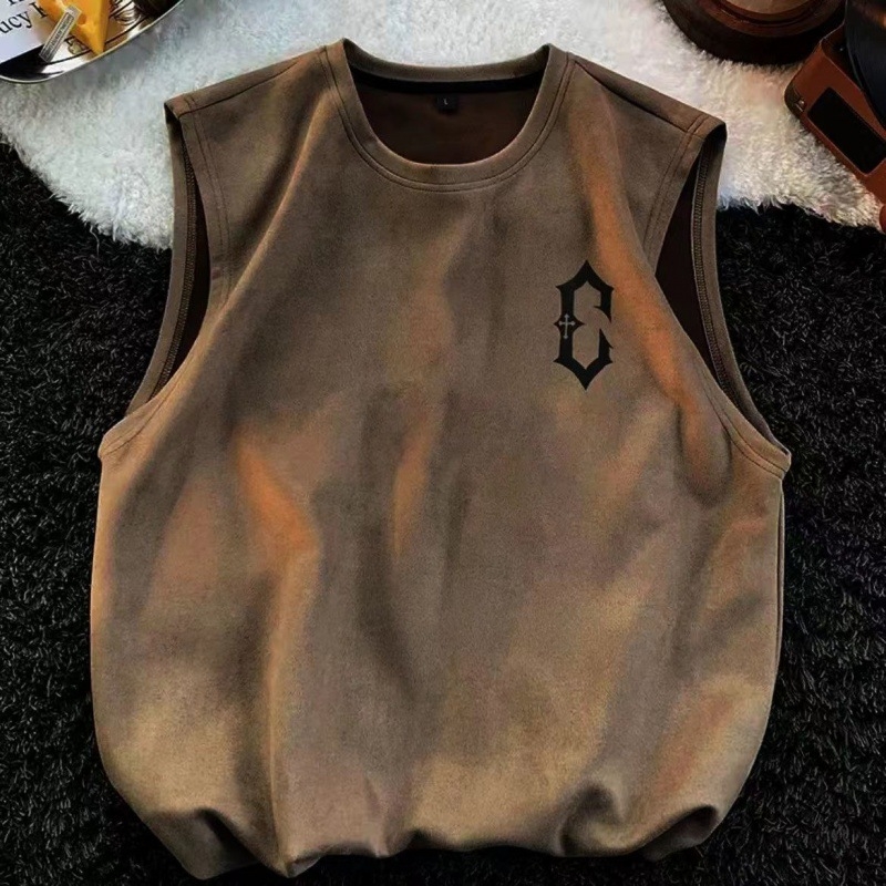 Laiema lõikega bezvarrukas T-särk reklaamlogoga, vinüloonkiud, puuvilla-lina segu, suvi 2025, nooruslik disain