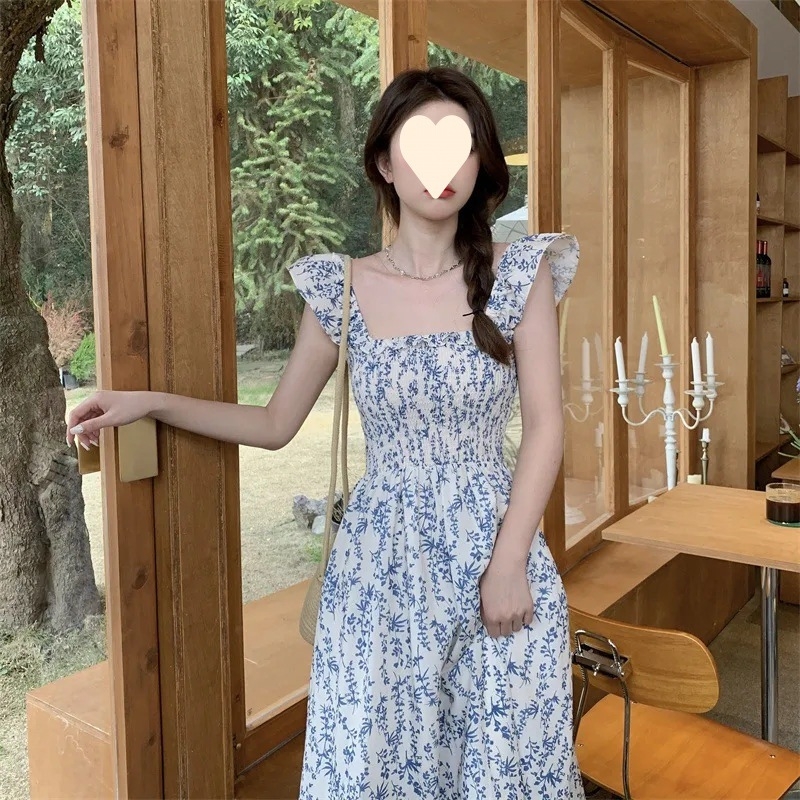 Haljina A-linije s patchwork detaljem, srednja duljina, kvadratni ovratnik, poliester tkanina s četiri smjere rastezljivosti