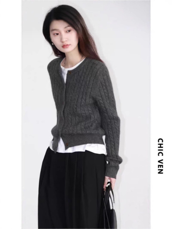 Dámsky vlnený kardigan, 95%+ vlna, guľatý výstrih, twist vzor, dlhé rukávy