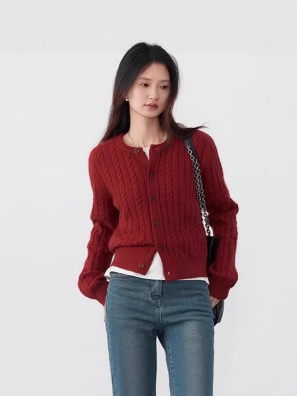 Γυναικείος μάλλινος καρντγκάν, 95%+ μαλλί, στρογγυλός λαιμός, twist πλέξη, μακριά μανίκια