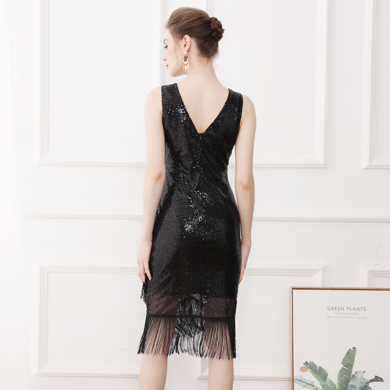 Večerné šaty so flitrami a strapcami, vysoký pás, hlboký V výstrih, bez rukávov, midi dĺžka, vyšívané, polyester-spandex (hlboký V výstrih, bez rukávov, midi, vyšívané, polyester-spandex)