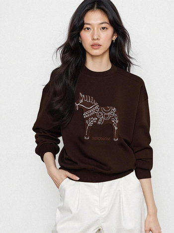 Γυναικείο φούτερ με στρογγυλή λαιμόκοψη, χαλαρή γραμμή, μακριά μανίκια, κανονικό μήκος, με μικρό κέντημα αλόγου