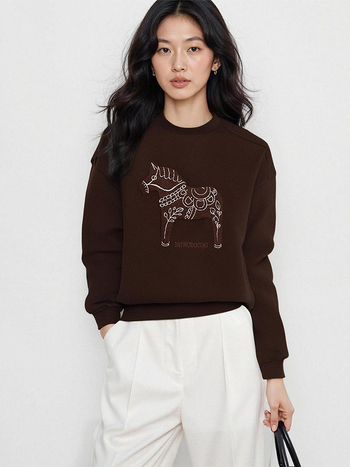 Γυναικείο φούτερ με στρογγυλή λαιμόκοψη, χαλαρή γραμμή, μακριά μανίκια, κανονικό μήκος, με μικρό κέντημα αλόγου