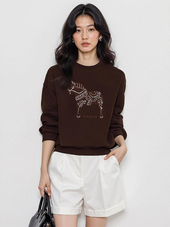 Γυναικείο φούτερ με στρογγυλή λαιμόκοψη, χαλαρή γραμμή, μακριά μανίκια, κανονικό μήκος, με μικρό κέντημα αλόγου