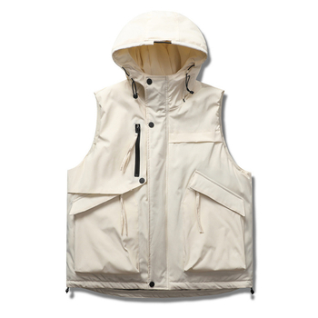 Pánska zimná bavlnená vesta s kapucňou, voľný strih, 3D vrecká, výplň a podšívka z polyesteru, teplá