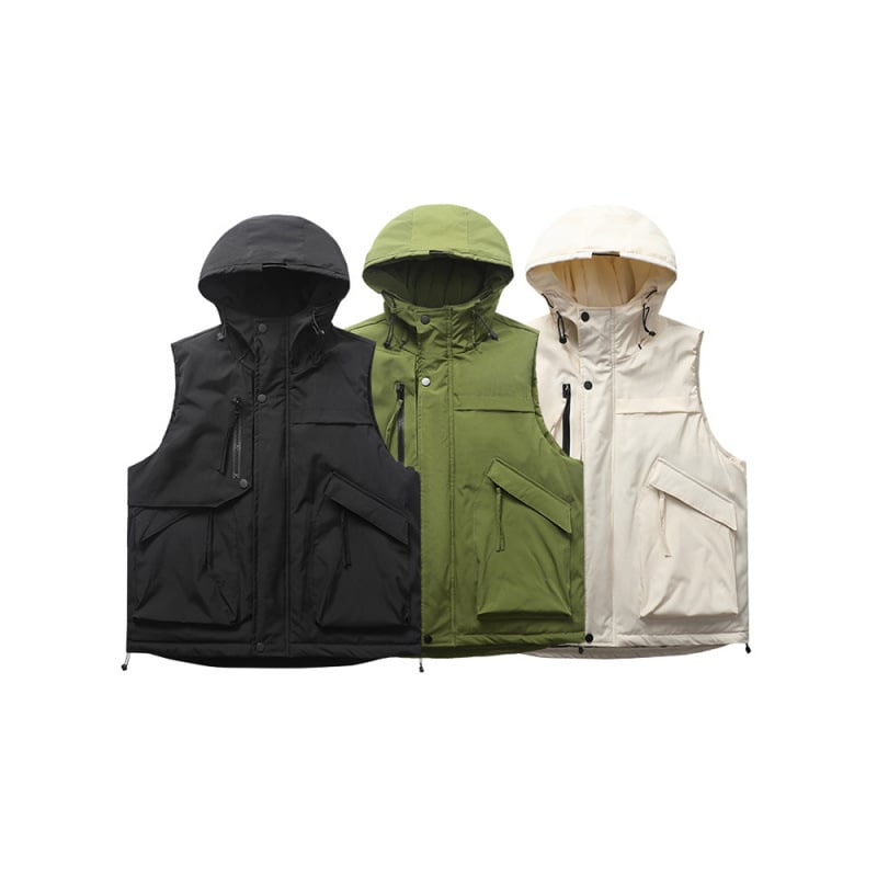 Pánska zimná bavlnená vesta s kapucňou, voľný strih, 3D vrecká, výplň a podšívka z polyesteru, teplá