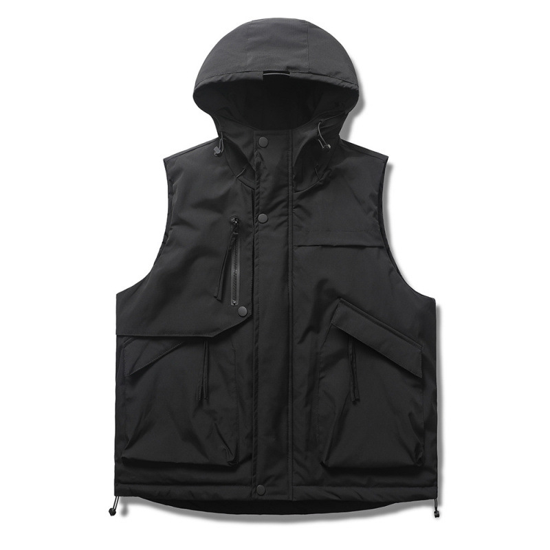 Pánska zimná bavlnená vesta s kapucňou, voľný strih, 3D vrecká, výplň a podšívka z polyesteru, teplá