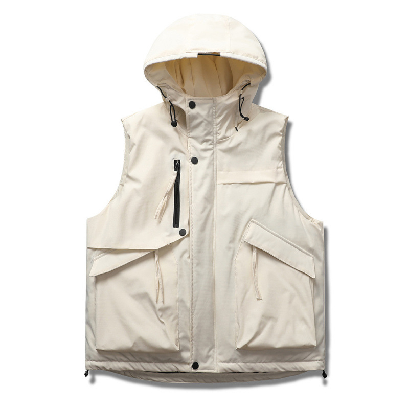 Pánska zimná bavlnená vesta s kapucňou, voľný strih, 3D vrecká, výplň a podšívka z polyesteru, teplá